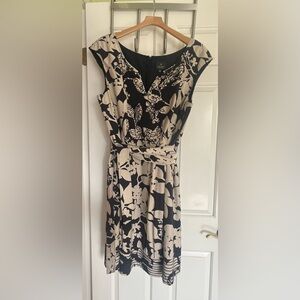 Adrianna Papell Navy & Cream Floral Midi Dress with Soutache (braided cord) trim